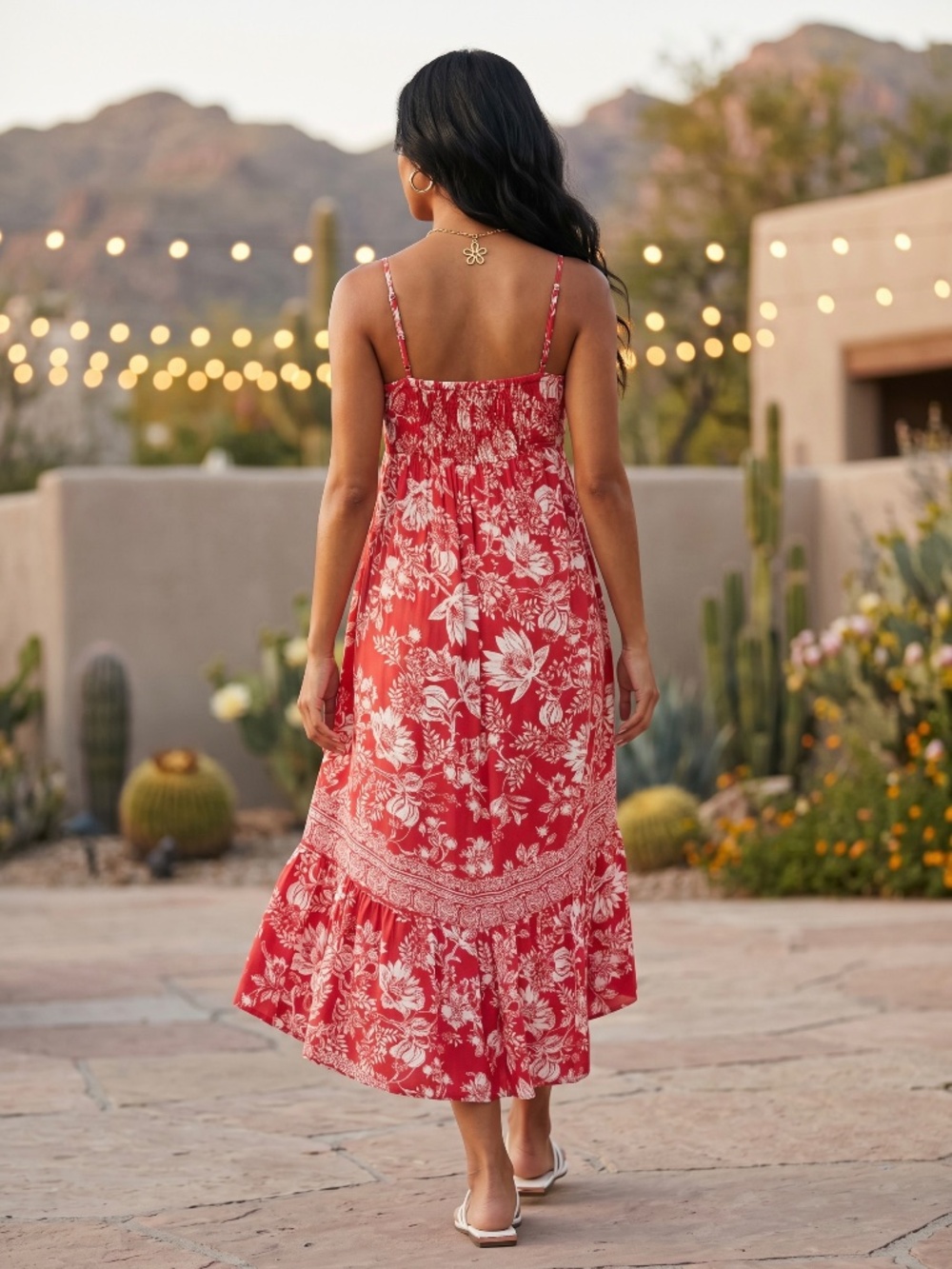Angie Red Hawaiian Floral Print Hi Lo Midi Dress | V Neck Sleeveless Ruffle Hem - Picture 4 of 6